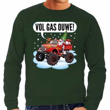Grote maten groene foute kersttrui / sweater racende santa op monste