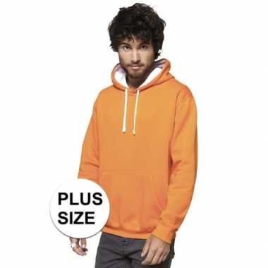 Grote maten oranje/witte hooded sweater/trui voor heren
