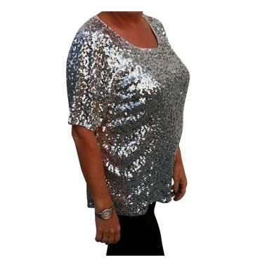 Grote maten zilveren glitter pailletten disco shirt dames xl